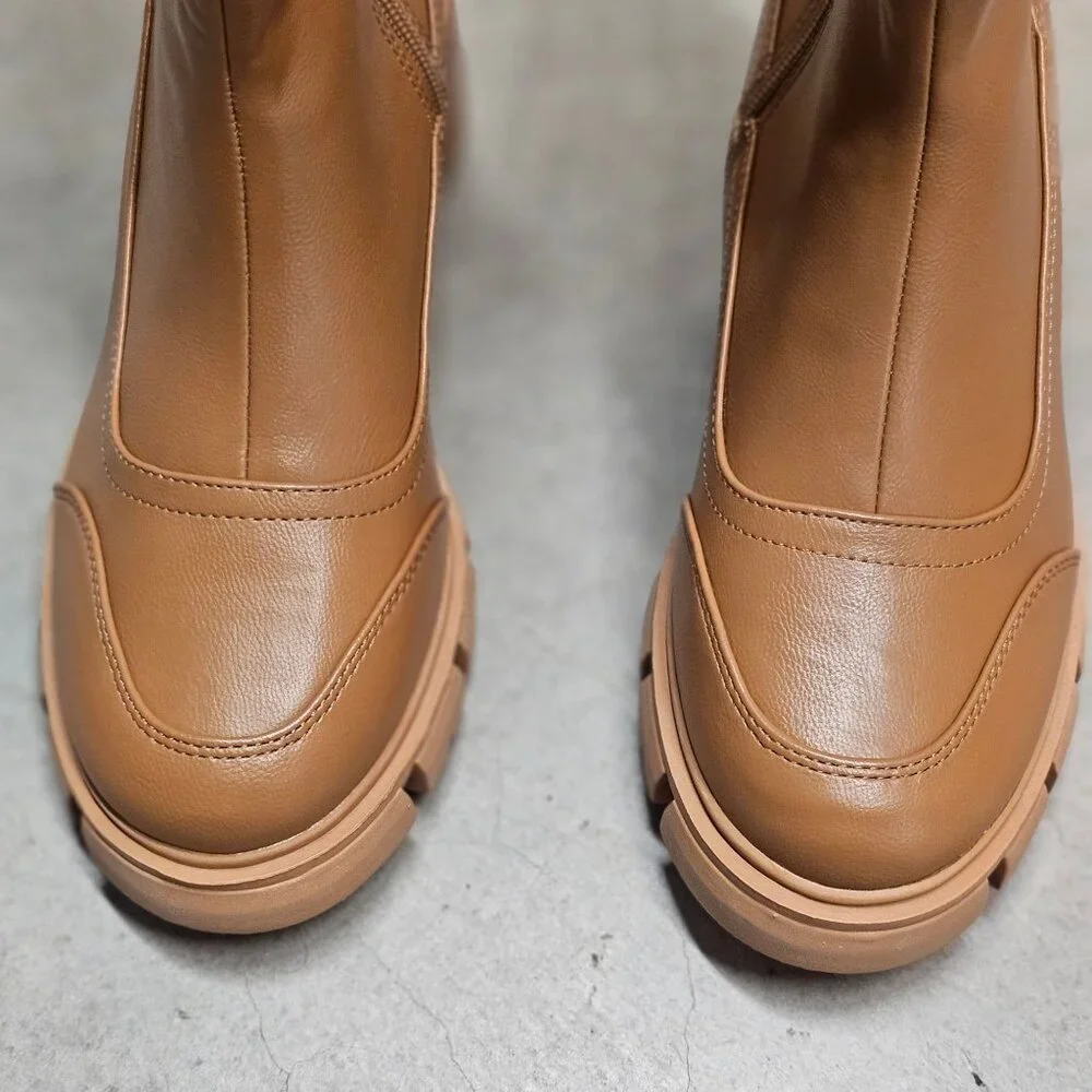 Womens Tan Faux Leather Mid-Calf Boots With Chunky Sole & Faux Shearling Trim
